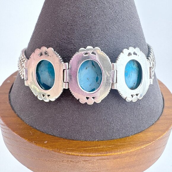 VTG Sterling Silver 925 Turquoise Double Curb Link Chain Bracelet 8.5" Length - Picture 8 of 12